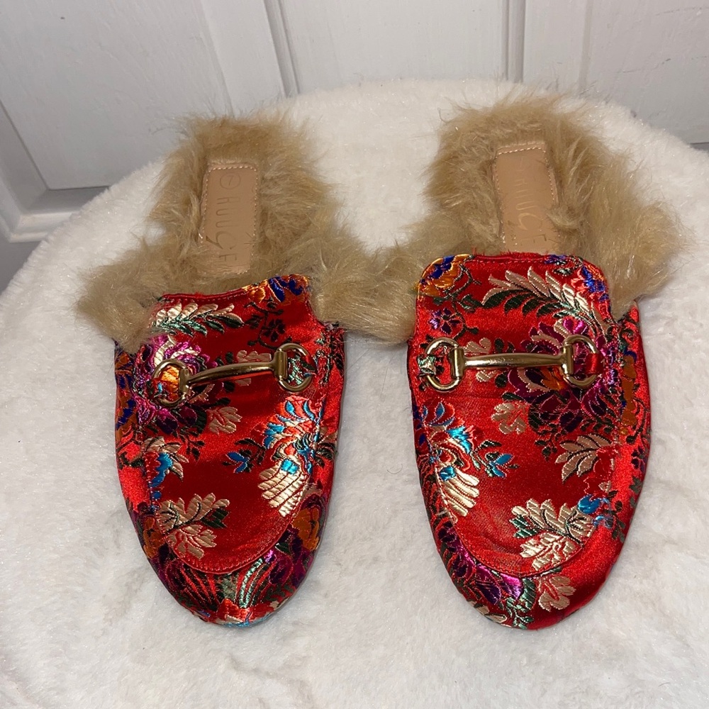Rouge Red Floral Satin Fur-Trim Slip-On Mules